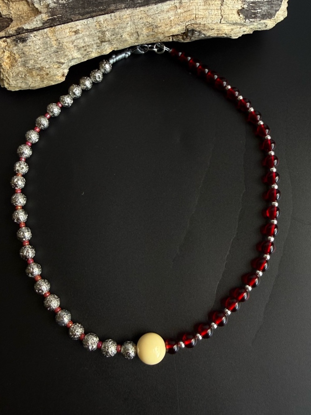 Handmade Red and Silver Beaded Necklace with Cream Accent